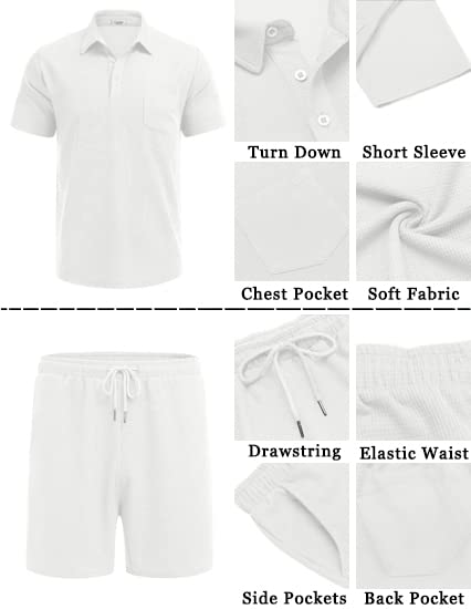 COOFANDY Men's Waffle Knit Polo Shirt & Shorts 2-Piece Summer Outfit - Breathable Casual Tracksuit with Pockets | Perfect for Beach Vacation, Weekend Wear & Outdoor Activities