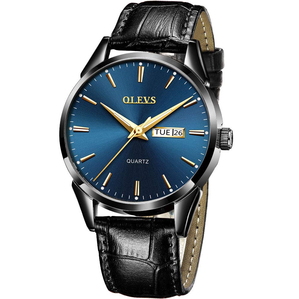 **Men's Blue & Black Leather Watch - Waterproof Day Date Luminous Wristwatch with Steel Case - Classic Style for Business, Casual & Outdoor Activities**