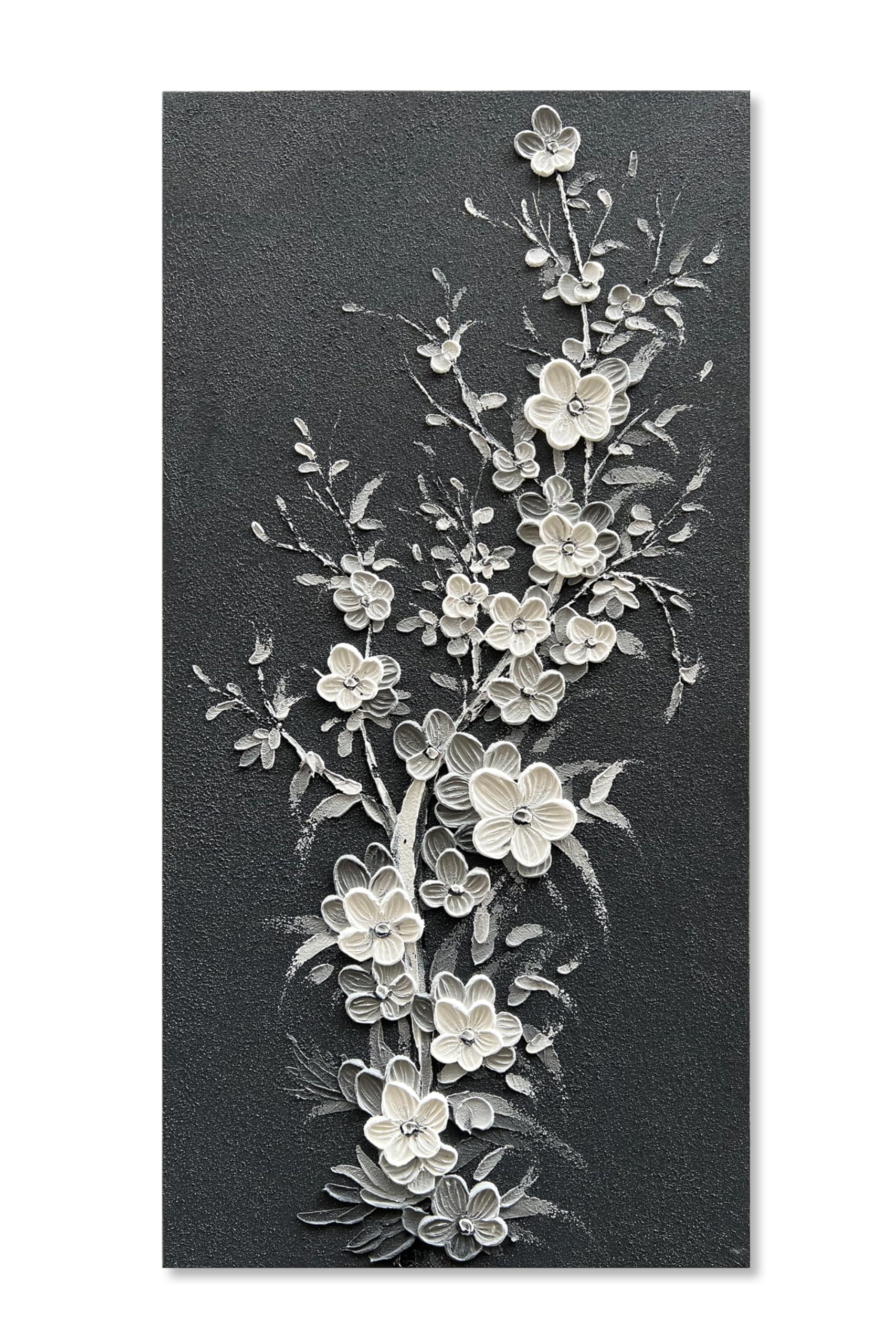 Hand Painted Modern Black and White Oil Painting - White Plum Blossom Wall Art - 24x48 Inch Canvas Home Decor for Living Room, Bedroom & Office