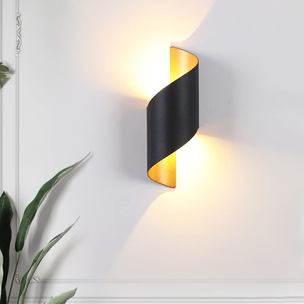 LITFAD Modern Spiral LED Wall Sconce - Black & Gold Metal Decorative Light Fixture with Warm White Glow (110V-120V) for Bedroom, Living Room, Hotel & Restaurant Lighting