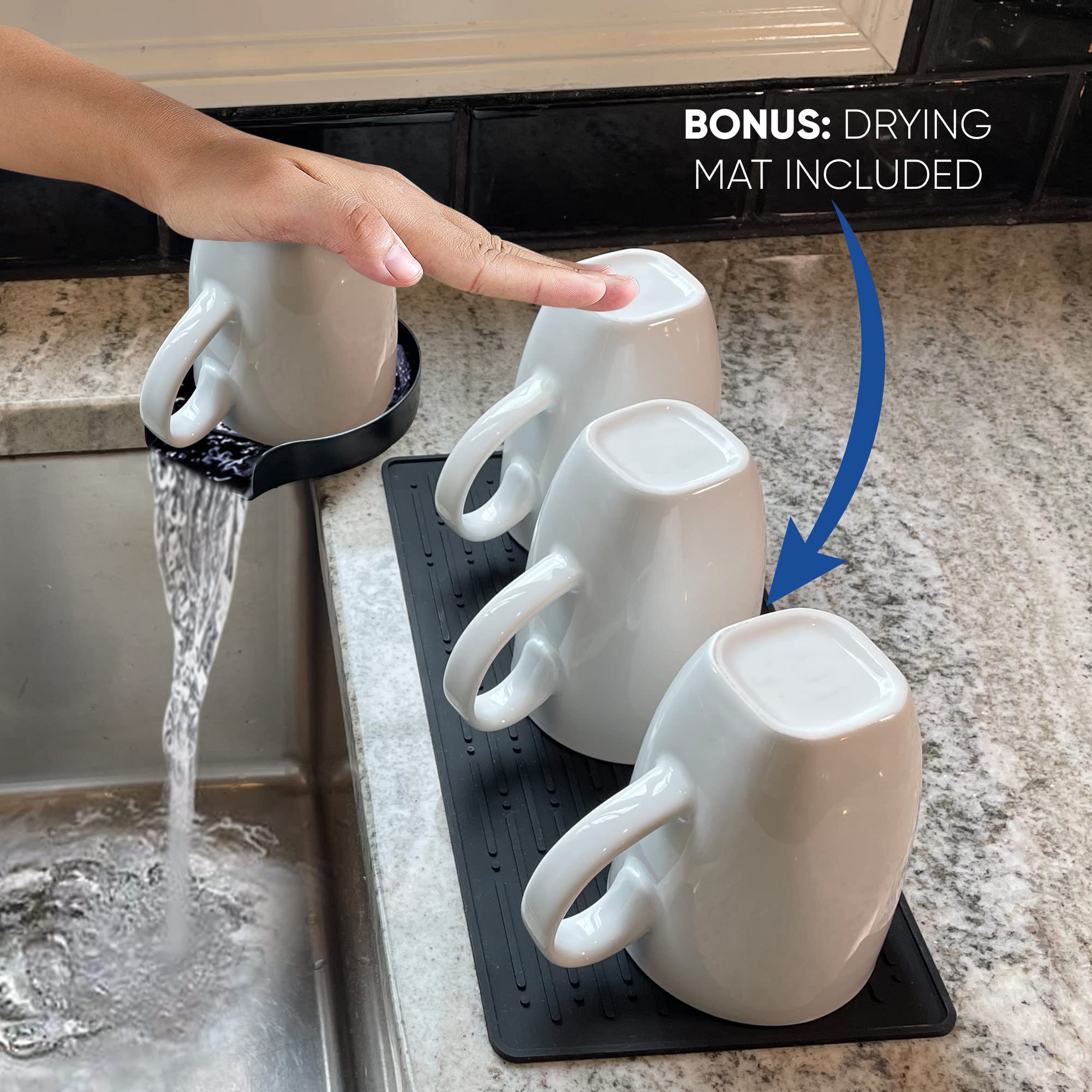 Stainless Steel Glass Rinser for Kitchen Sink - Powerful Cup & Wine Glass Washer with 360° Spray Nozzle - Black Metal Base Sink Accessory with Free Drying Mat - Perfect for Bar, Restaurant & Home Kitchen Use
