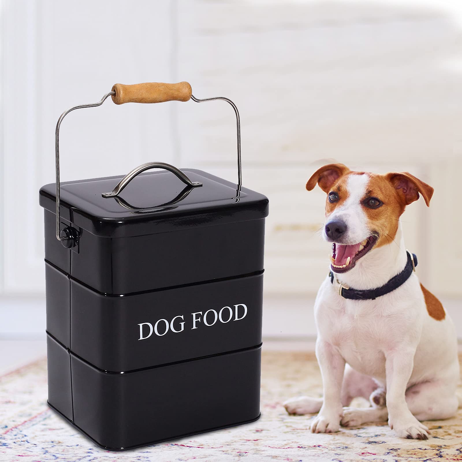 Premium Airtight Dog Food Storage Container with Lid & Scoop - Farmhouse Style Pet Food Bin for Kitchen Countertop, Pantry Shelf - Ideal for Dry Kibble Storage & Home Decor - Black
