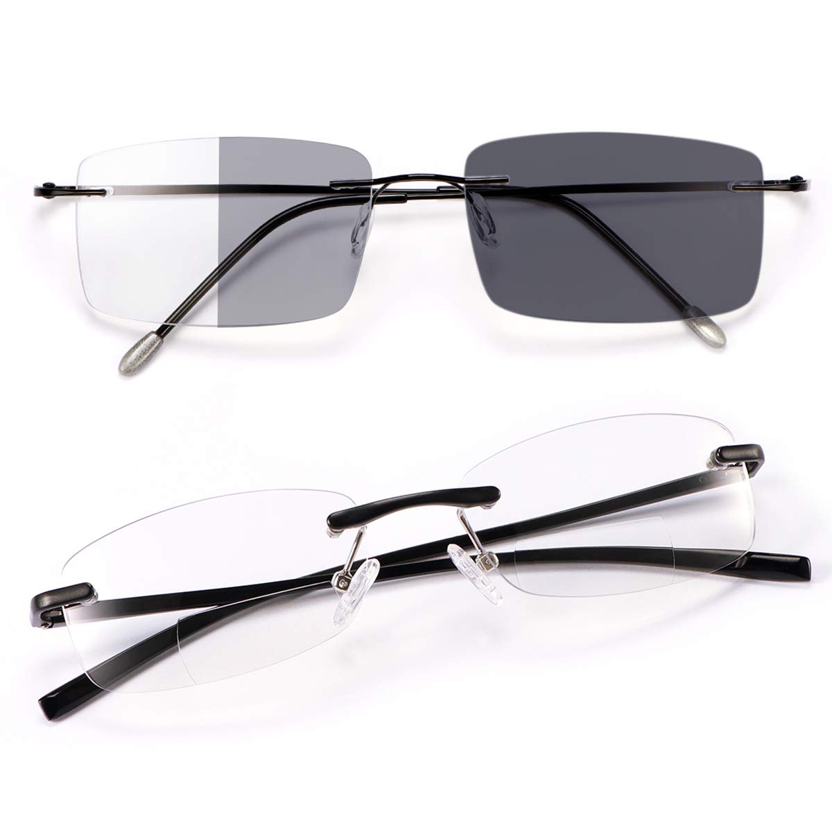 2.5X Magnification Photochromic Progressive Multifocus Transition Reading Glasses - Rimless Bifocal Blue Light Blocking Spring Hinge Readers with Anti-Glare for Eye Strain Relief | Perfect for Outdoor Reading, Computer Work & Driving