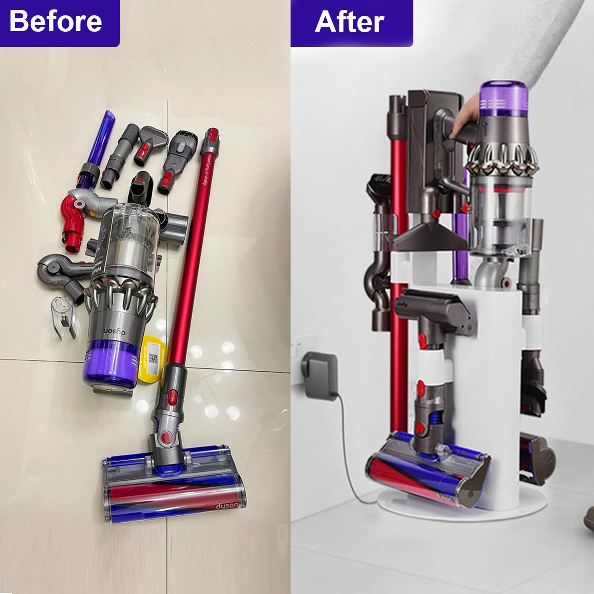 Dyson V6 V7 V8 V10 V11 V15 Vacuum Stand Holder - Sturdy Metal Storage Rack & No-Drill Organizer Bracket for Cordless Vacuum Cleaner and Accessories (White) - Perfect for Home, Garage, and Closet Organization