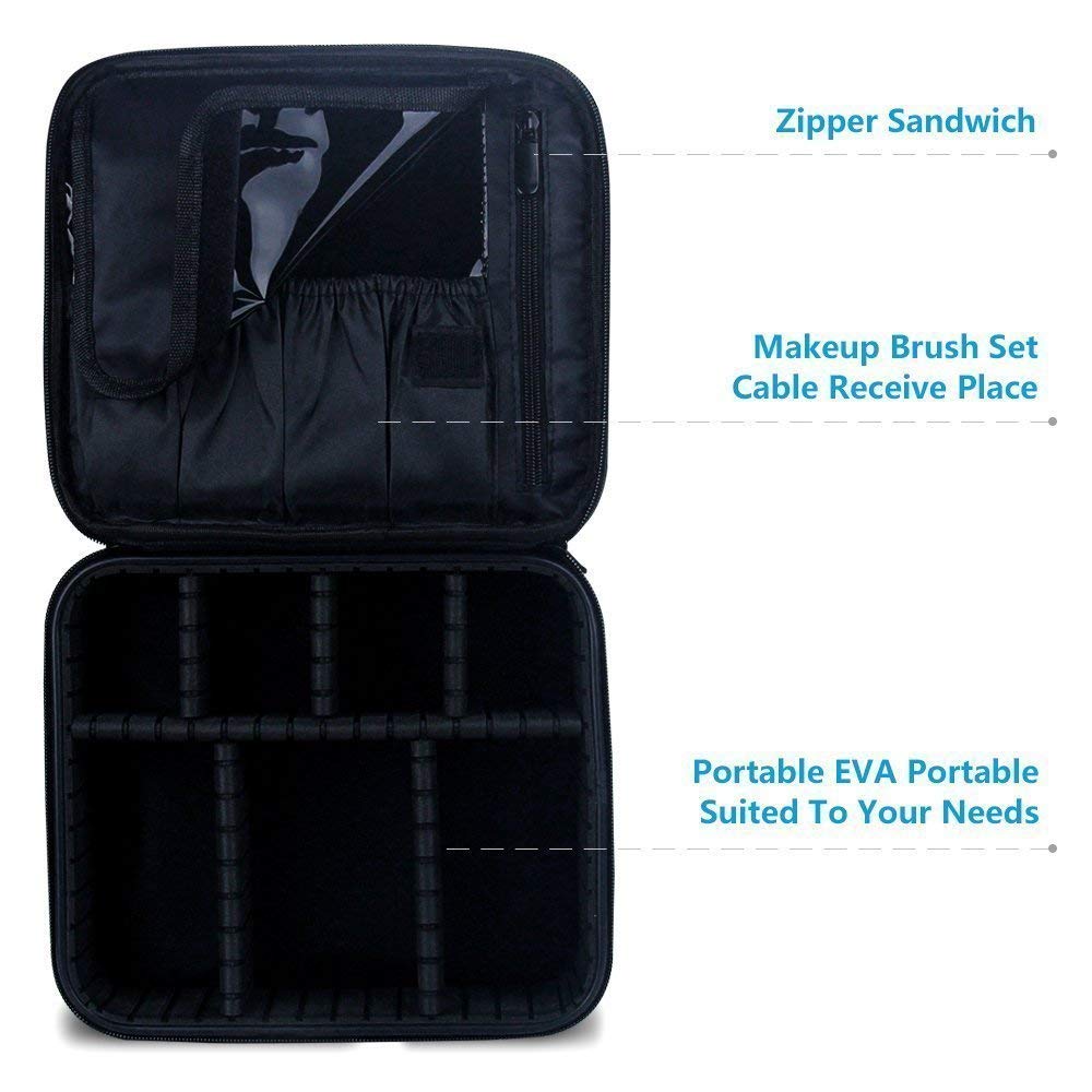 Portable Cosmetic Makeup Bag Organizer with Adjustable Compartments - Travel Makeup Case for Brushes, Hair Tools & Toiletries | Perfect for Women's Travel, Gym & Daily Use (Black)