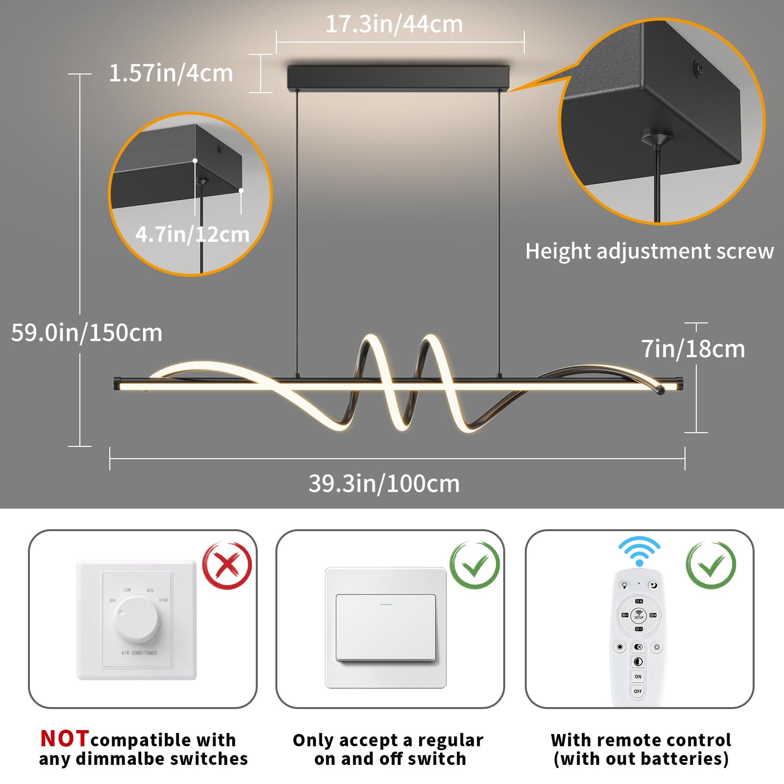 Modern LED Pendant Light Fixture - 39 Inch Dimmable Chandelier with Remote Control, 3000K-6000K Adjustable Color Temperature, Aluminum Hanging Light for Kitchen Island, Dining Room, Billiard Table | Energy-Efficient Home & Commercial Lighting Solution