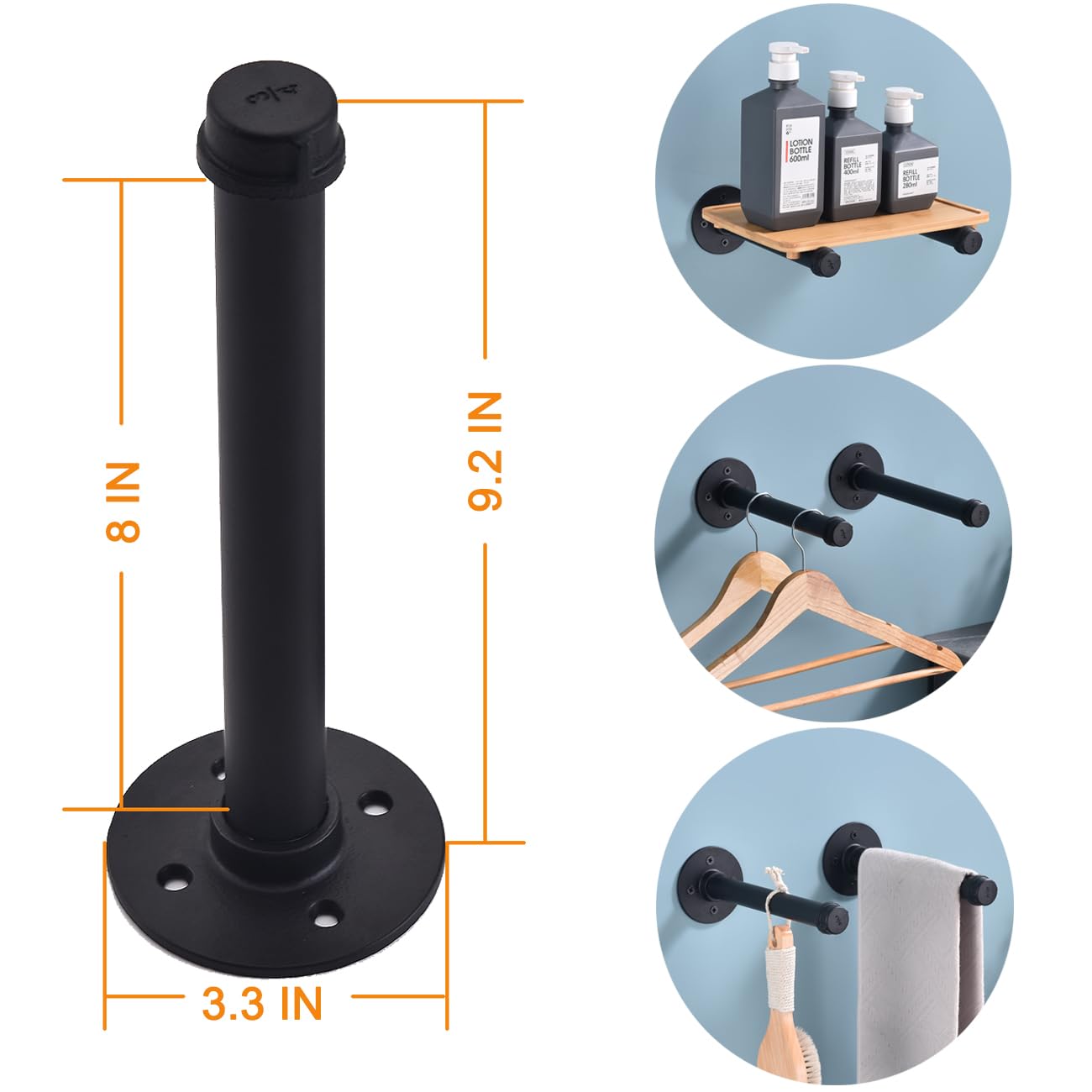 Heavy Duty 8 Inch Industrial Pipe Clothing Rack - Wall Mounted Garment Hanger for Closet Storage, Multi-Purpose Hanging Rod for Jackets, Coats & Pants (2 Pack) - Perfect for Bedroom, Laundry Room & Commercial Use
