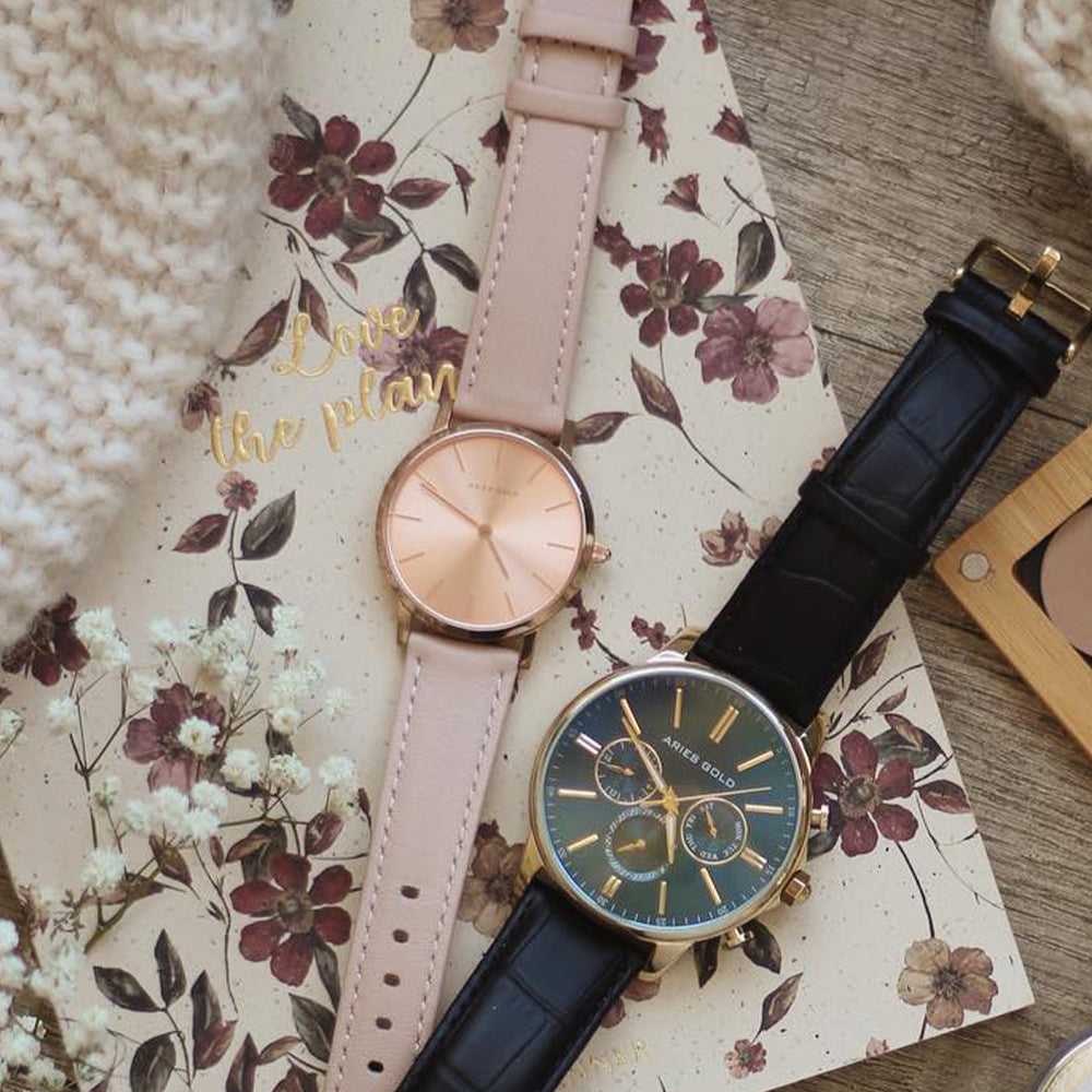 ARIES GOLD URBAN SANTOS L 1023 RG RG Pink Leather Strap Women's Watch - Elegant Fashion Accessory for Business, Party & Everyday Wear