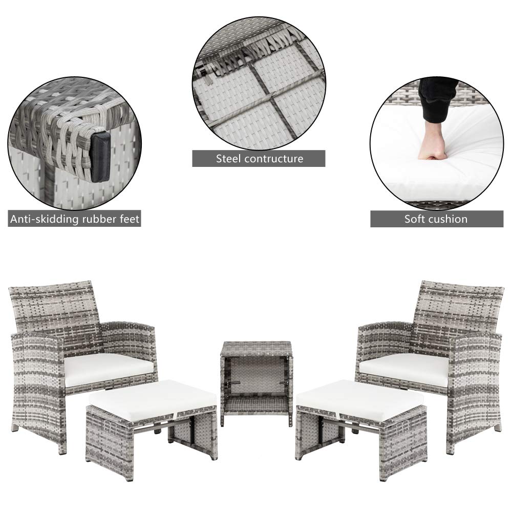 5-Piece Wicker Patio Furniture Set - All-Weather Rattan Outdoor Sofa with Cushions, Ottoman & Coffee Table - Perfect for Lawn, Poolside, Balcony & Backyard Conversations (Beige)