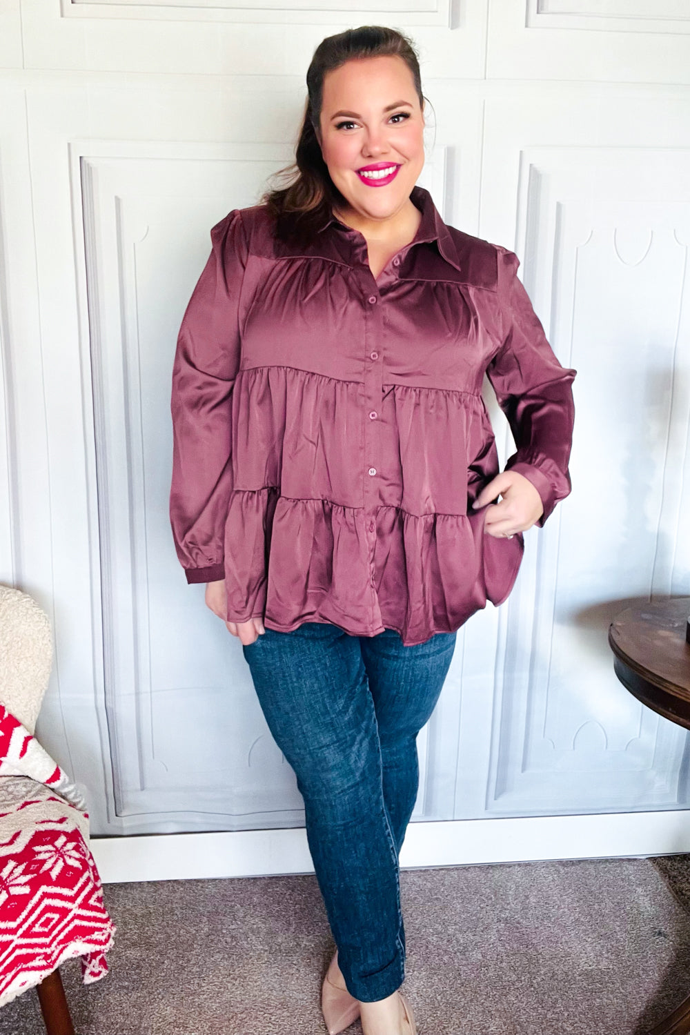 Burgundy Satin Babydoll Top with Button Down & Tiered Design - Perfect for Date Nights, Parties & Casual Outfits