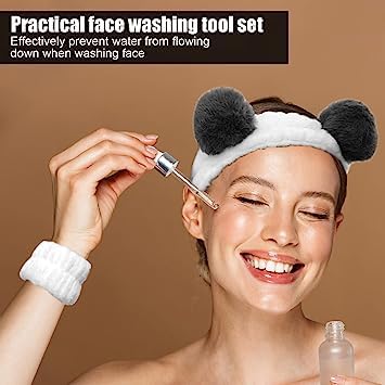 MOMISY Elastic Women's Hair Band for Face Washing, Spa & Makeup - Adjustable Soft Headband Fits All Head Sizes (Panda White Grey) - Perfect for Skincare, Beauty Routine & Relaxation at Home