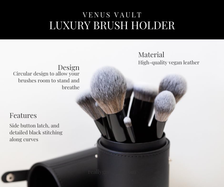 Premium Black Leather Makeup Brush Organizer Case - Portable Cosmetic Brush Holder for Travel, Matte Black, 23cm x 8cm, Snap Closure - Perfect for Professional Makeup Artists & Beauty Enthusiasts (Ideal for Home, Salon & On-the-Go Use)
