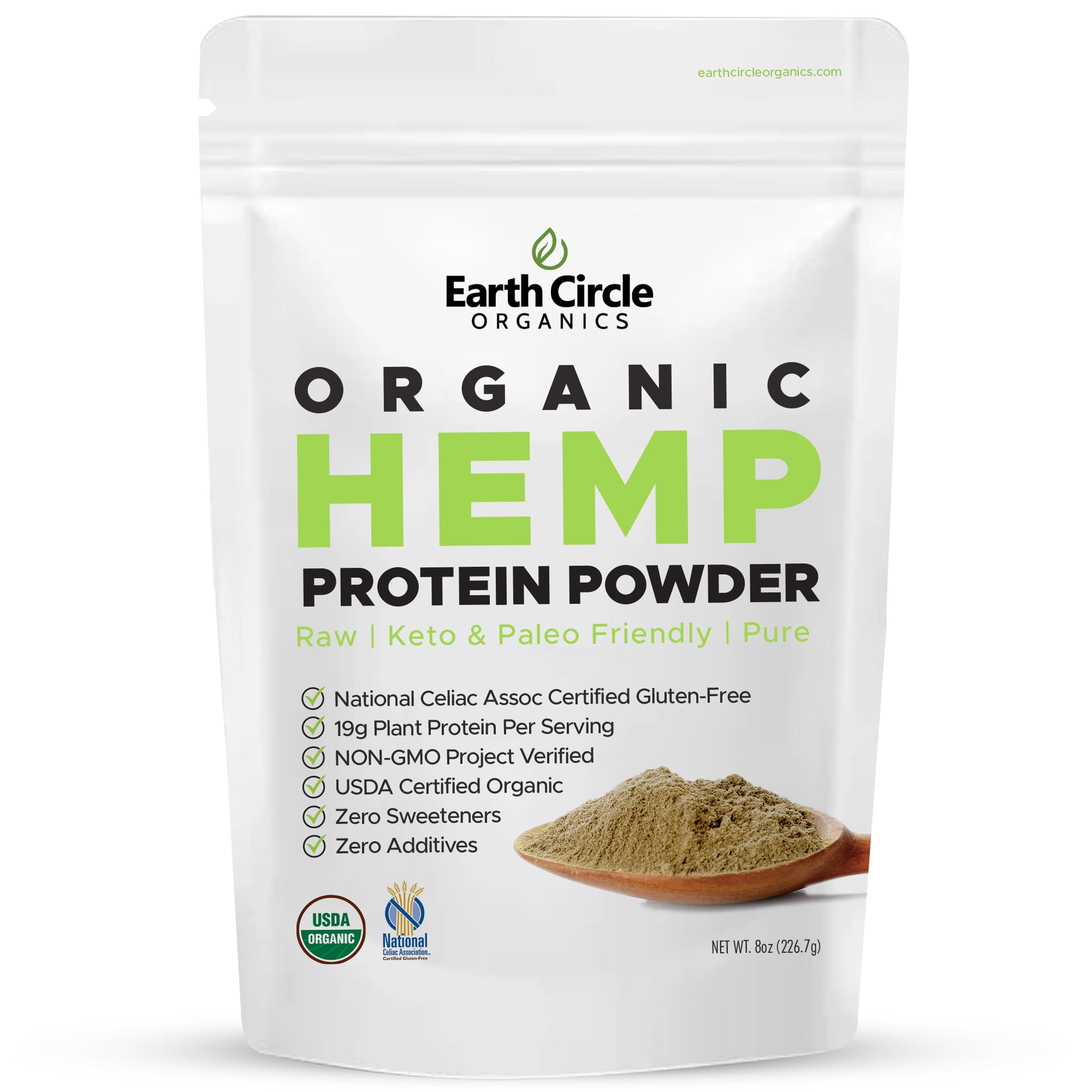 Organic Hemp Protein Powder by Earth Circle Organics - 100% Gluten Free, Vegan & Plant-Based Protein Supplement | Lab Tested for Purity | Ideal for Keto Diet, Smoothies, Meal Replacement & Workout Recovery (8oz, Pack of 1) | Perfect for Post-Workout Shakes, Breakfast Smoothies & Healthy Lifestyle