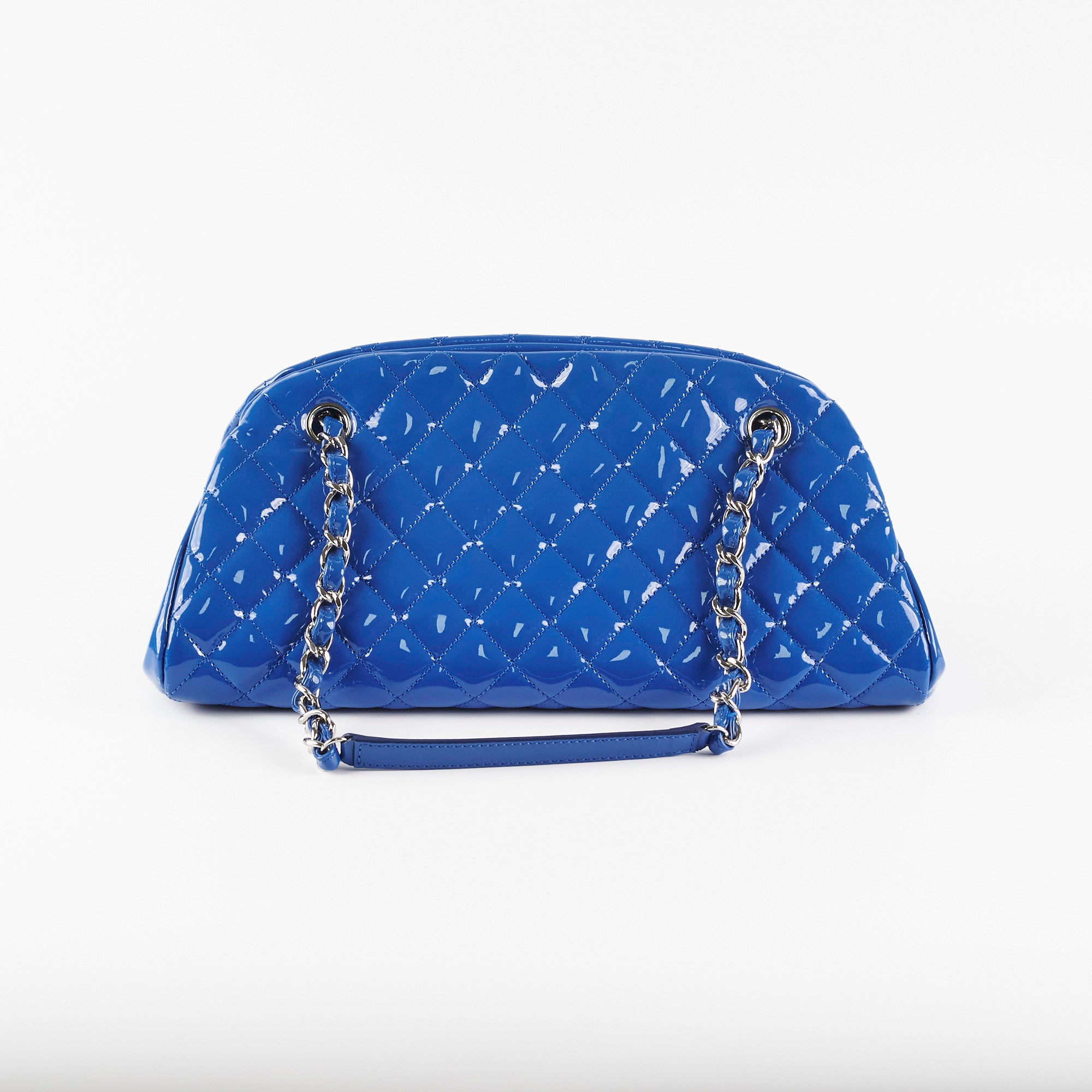 Chanel Just Mademoiselle Patent Leather Blue Bowler Handbag for Women | Luxury Designer Crossbody Purse for Evening Parties & Special Occasions