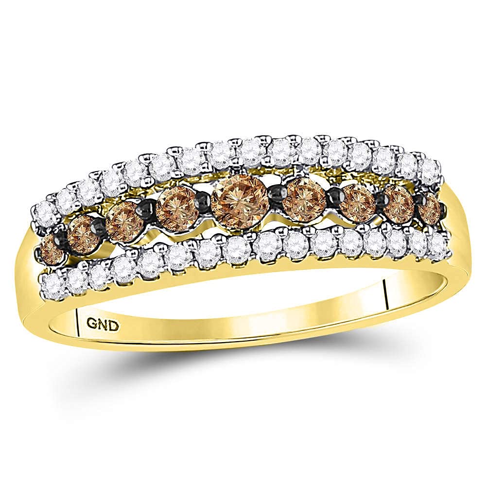 10K Yellow Gold Women's Round Brown Diamond Triple Row Band Ring - 1/2 CTTW - Elegant Stackable Ring for Weddings, Anniversaries & Everyday Wear