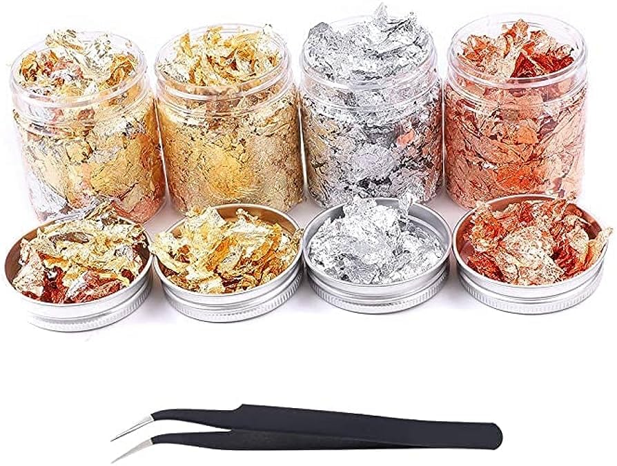 Premium Gold Leaf Foil Flakes for Resin Art - 32g Kit (2 Gold, 1 Copper, 1 Silver) with Tweezer for Nail Art, DIY Crafts, Epoxy Jewelry & Home Decor - 4 Bottle Set with Free Tweezer - Perfect for Resin Casting, Geode Art & Creative Projects