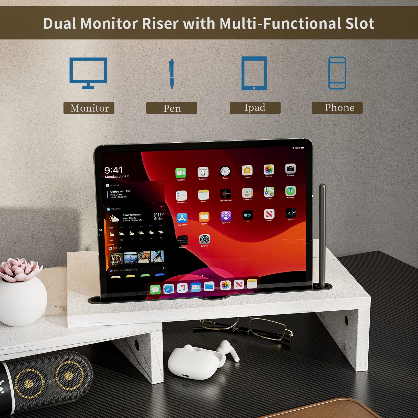 Adjustable Dual Monitor Stand with 2 Slots - Ergonomic Desktop Shelf for PC & Laptop (White Faux Marble) - Perfect for Home Office & Gaming Setup