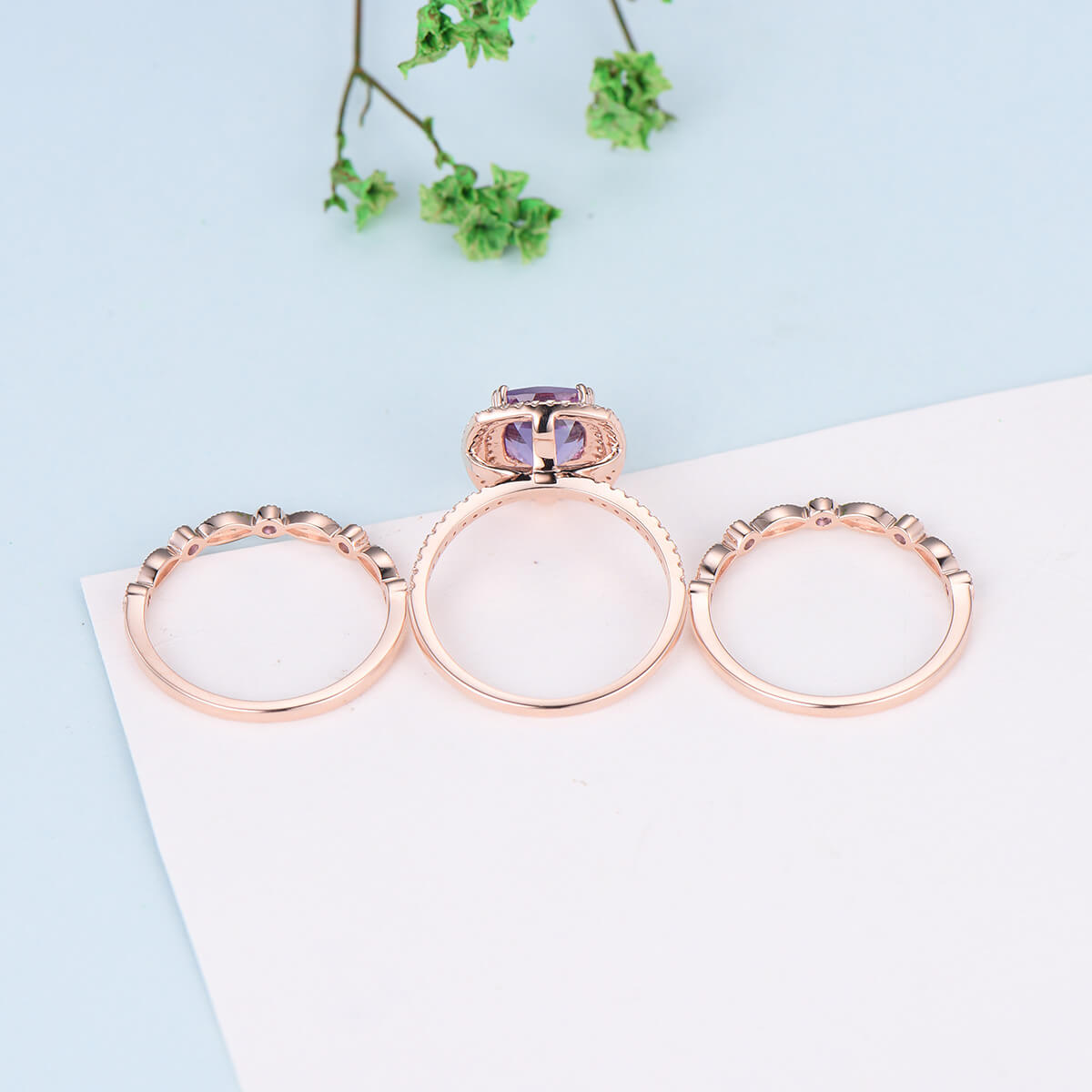 Amethyst Diamond Wedding Ring Set in Rose Gold - Vintage Double Halo Engagement Ring for Women, Anniversary Gift - Perfect for Bridal Jewelry, Wedding Bands & Special Occasions