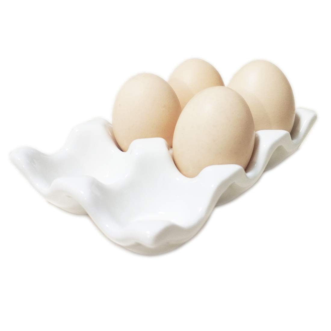 Bealuffe Ceramic Egg Holder - 6 Cup Porcelain Egg Tray for Kitchen Countertop & Refrigerator Storage - White Fresh Egg Organizer for Home, Breakfast & Baking Use