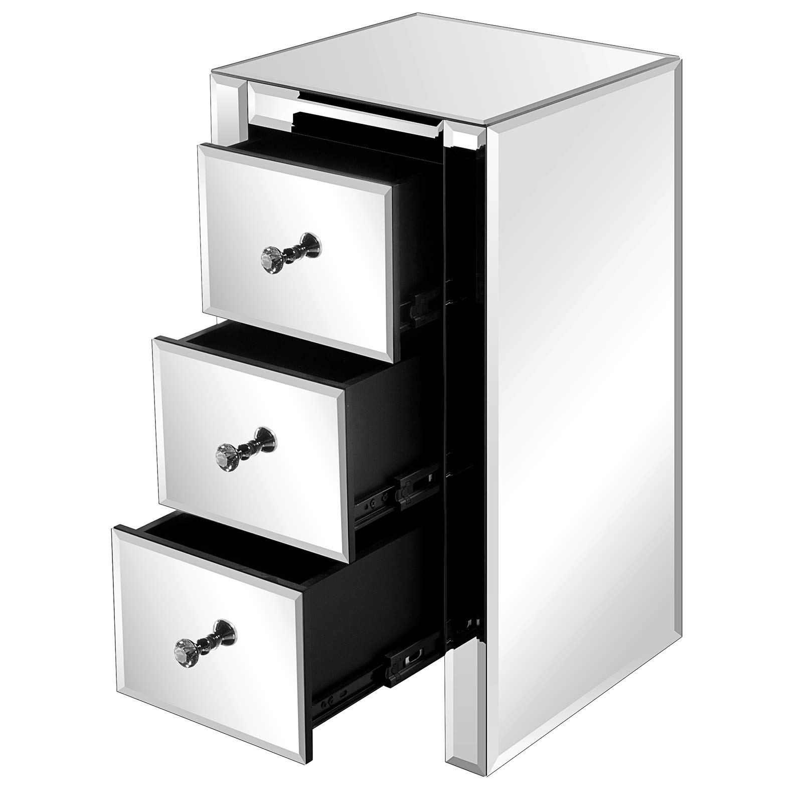 Mirrored Nightstand with 3 Drawers - Silver End Table with Crystal Handles for Bedroom & Living Room | Modern Accent Table for Bedside, Sofa Side, or Vanity Use