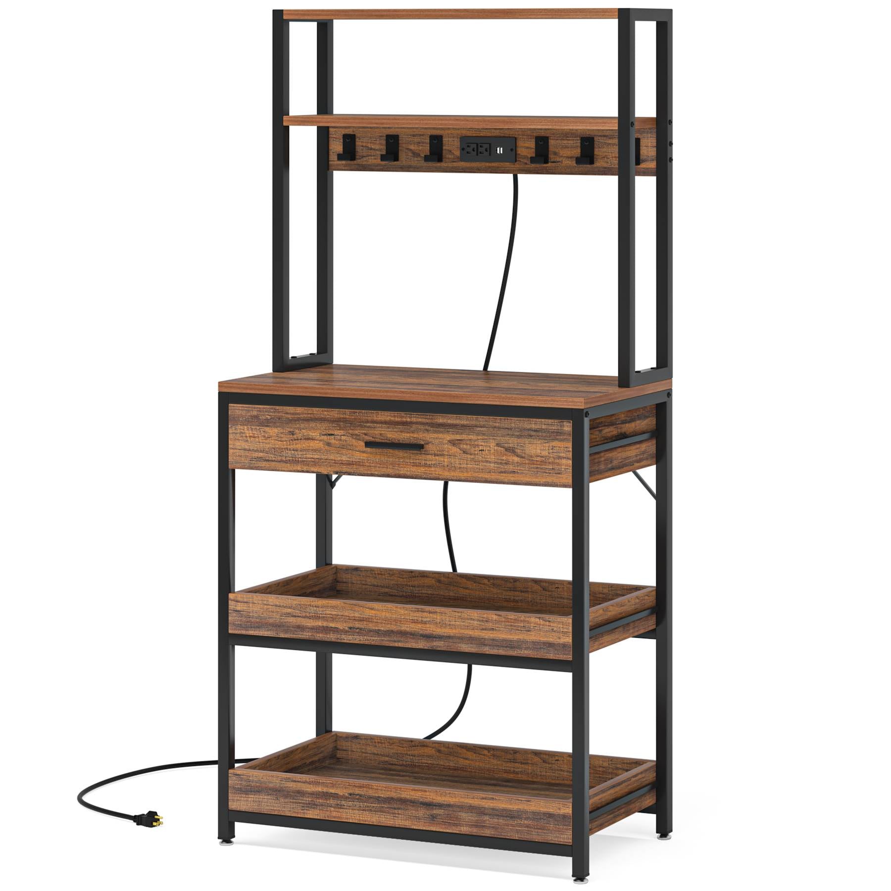5-Tier Metal Kitchen Baker's Rack with Electrical Outlets, Storage Drawer & Adjustable Shelves - Perfect for Baking, Cooking, and Organizing Small Appliances in Home Kitchen