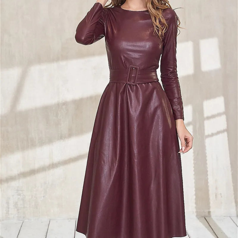 Stylish Faux Leather Belted Dress for Women - Slim Fit Long Sleeve PU Club Dress | Sexy Autumn Winter Outfit for Parties, Date Nights & Special Occasions