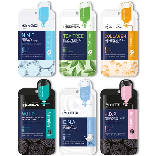 MEDIHEAL Korean Sheet Mask 6-Pack Variety Set - NMF, Tea Tree, Collagen, WHP, DNA, HDP | Hydrating Facial Masks for Glowing Skin | Korean Skincare Routine | Perfect for Daily Use, Spa Days & Self-Care Nights