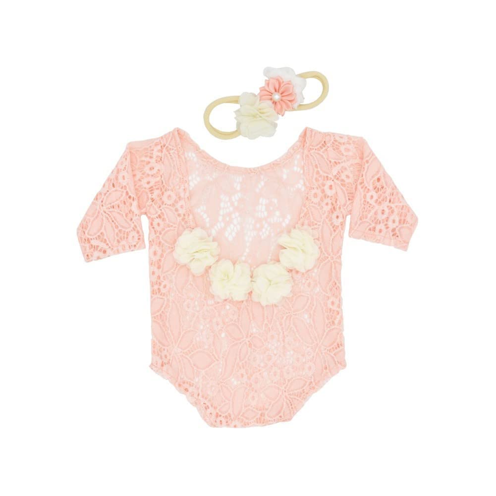 Vemonllas Newborn Baby Photography Props - Floral Headband & Open Back Romper Outfit Set for Girls - Perfect for Photo Shoots, Christening, and Special Occasions