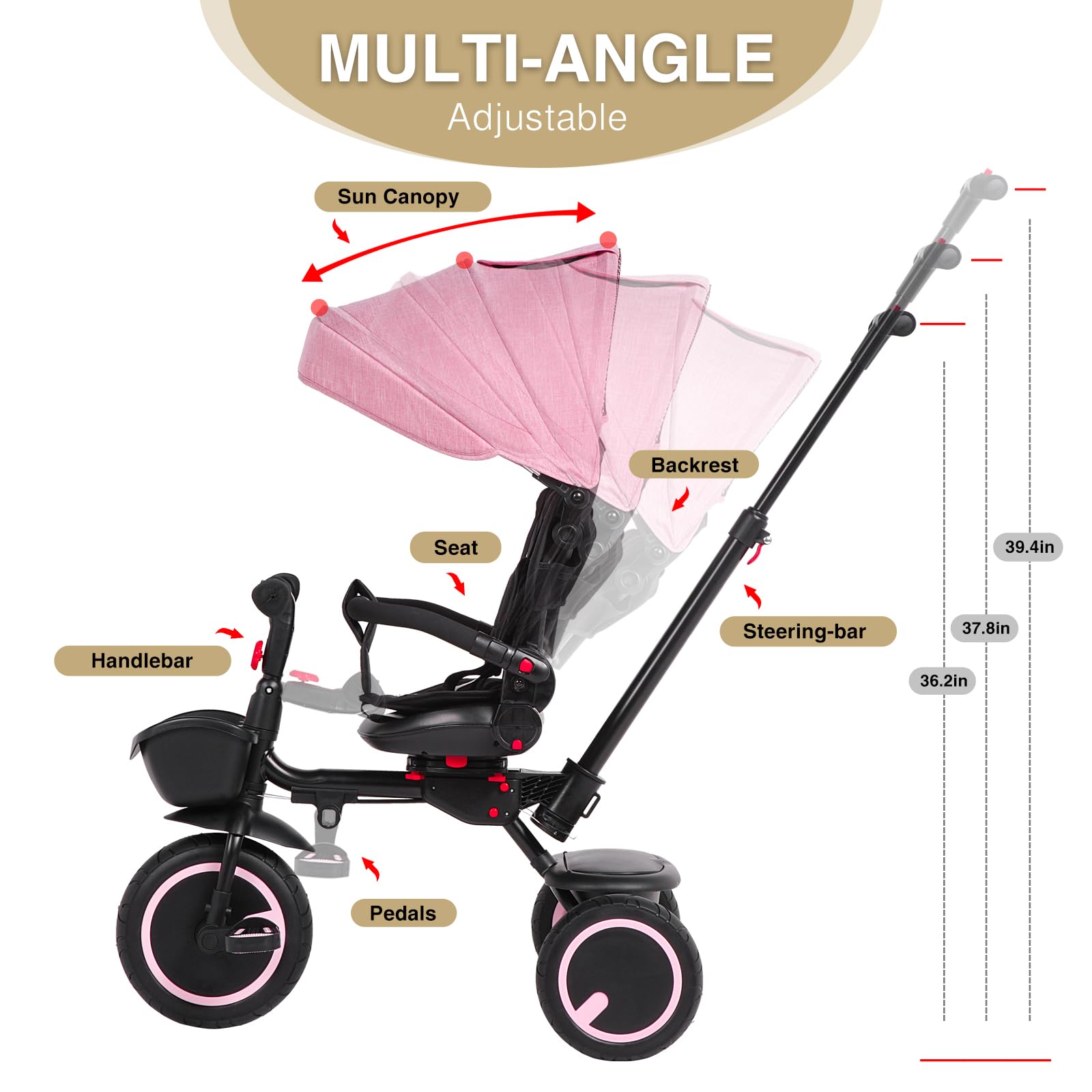 6-in-1 Foldable Baby Tricycle with Adjustable Canopy & Safety Harness - Convertible Toddler Bike for 7 Months to 5 Years Old Boys & Girls - Perfect for Outdoor Play, Park Rides & Learning Balance