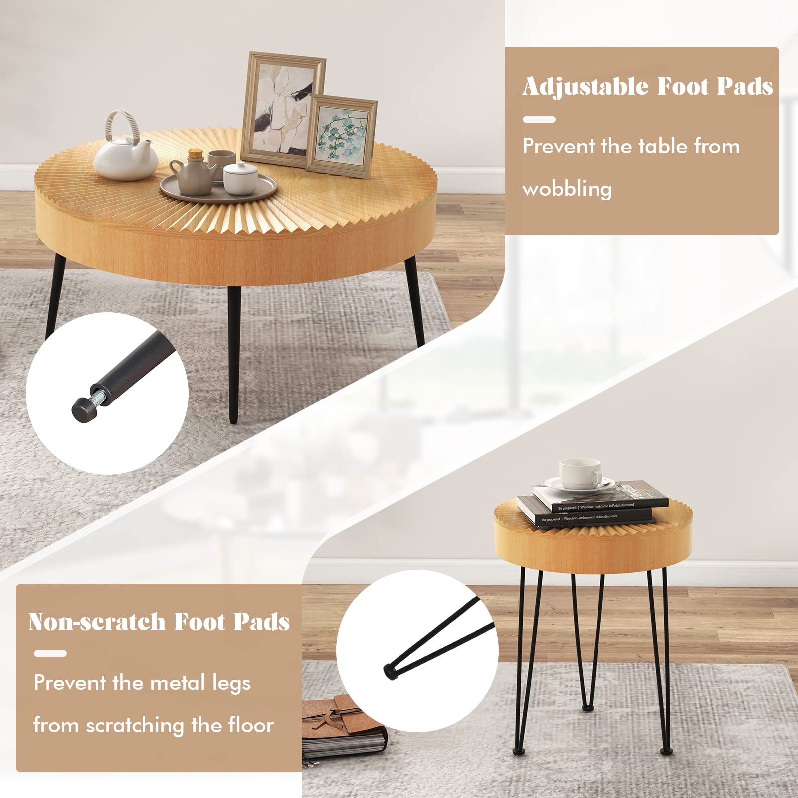 Giantex Boho Round Coffee Table Set of 2 - Solid Pine Wood Top & Metal Legs with Adjustable Foot Pads - 31.5