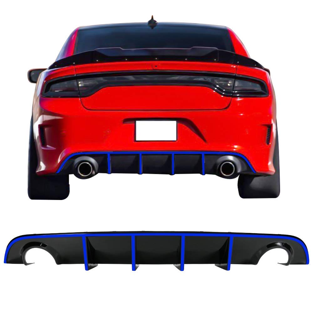 IKON MOTORSPORTS V3 Style Rear Diffuser with Blue Reflective Tape - Compatible with 2015-2023 Dodge Charger SRT | Aggressive Look & Enhanced Aerodynamics | Perfect for Car Enthusiasts & Street Racing
