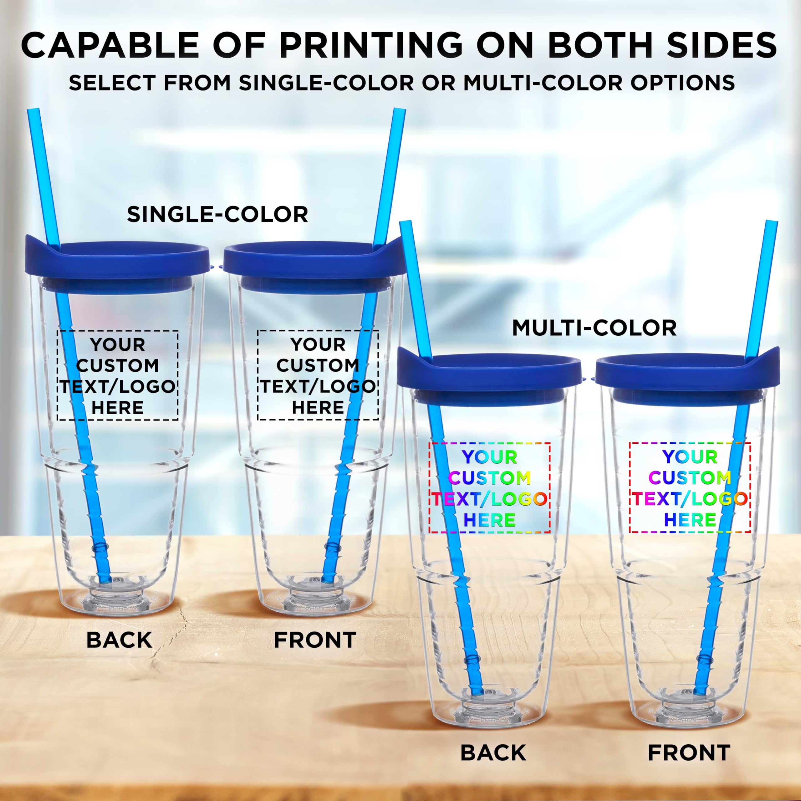 Custom 24oz Double Wall Acrylic Tumblers with Straws - Set of 10 Bulk Pack - Personalized Hot & Cold Drinkware for Coffee, Smoothies & Iced Beverages - Promotional Gift & Party Supplies - Blue
