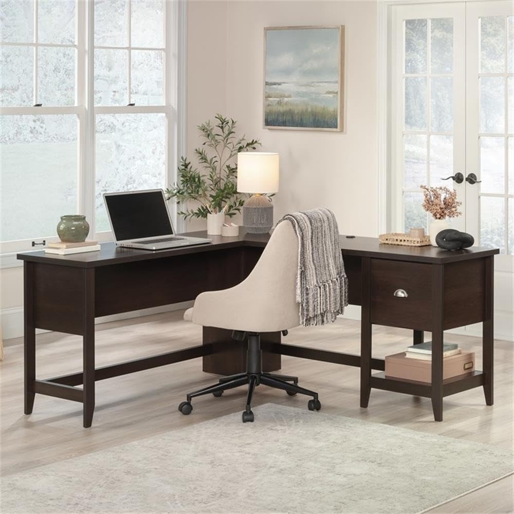 Pemberly Row Contemporary Engineered Wood L-Shaped Desk in Cinnamon Cherry Finish - Perfect for Home Office & Gaming Setup