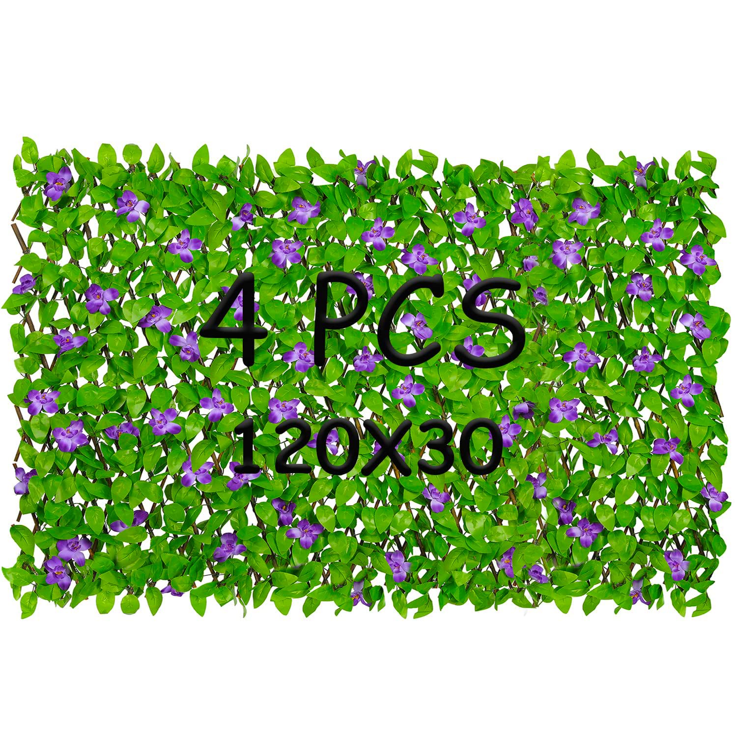 4 Pack Expandable Fence Privacy Screen - Decorative Artificial Ivy Greenery Fencing Panel with Purple Flowers for Balcony, Patio, Yard (Single Sided Leaves) | Outdoor Privacy Solution, Garden Decor, Backyard Screening