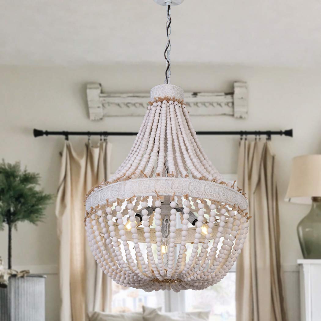Modern Rustic Wood Bead Chandelier - 3-Light Farmhouse Pendant Lighting Fixture with Wooden Beads for Dining Room, Kitchen, Bedroom & Foyer | D17.7