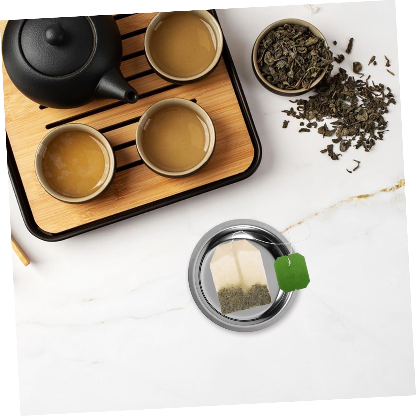 KICHOUSE Stainless Steel Tea Bag Holder & Coaster Set - Round Metal Tea Tray for Tea Bags & Coffee Accessories - Perfect for Afternoon Tea, Office Break, or Coffee Shop Use