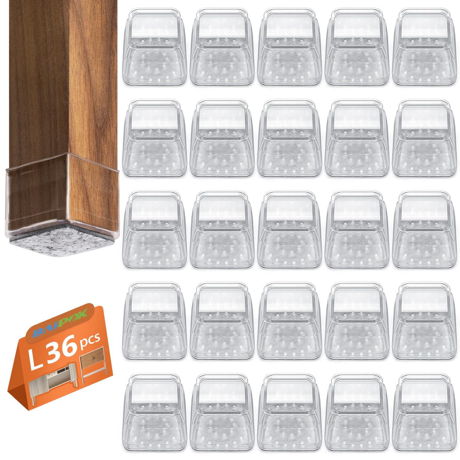 BAIPOK 36pcs Clear Square Chair Leg Floor Protectors - Non-Slip Furniture Felt Pads for Hardwood Floors & Tile - Heavy Duty Silicone Chair Leg Caps for Dining Chairs, Office Chairs & Bar Stools - Scratch Protection & Noise Reduction for Home & Restaurant Use