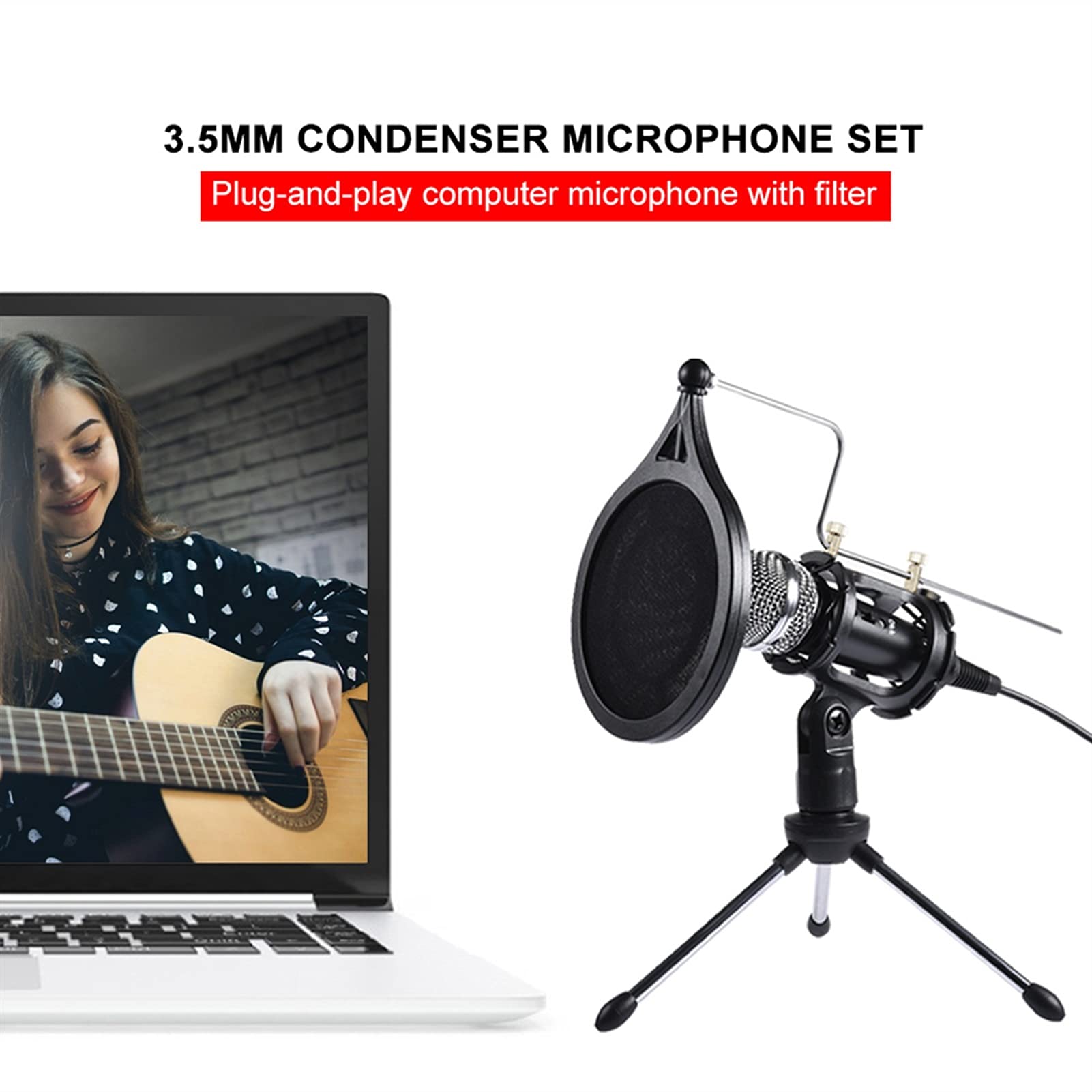 Professional Condenser Microphone with 3.5mm Jack & Adjustable Stand - Studio Quality Recording Mic for Computer, PC, Phone, KTV, Karaoke, Podcasting & Live Streaming (Black) - Perfect for Home Studios, Gaming, Voice Overs & Music Recording