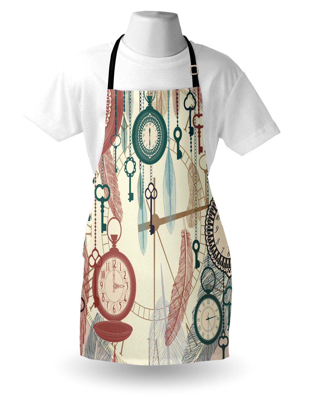Ambesonne Vintage Pocket Watch Apron - Adjustable Unisex Kitchen Bib for Cooking, Baking, Gardening | Antique Timepiece Design with Feather & Key Art | Perfect for Home Chefs, BBQ Parties & Crafting