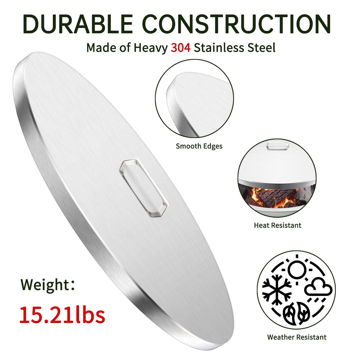 34 Inch Fire Pit Cover - Heavy-Duty 304 Stainless Steel Round Fire Pit Lid for 30/31 Inch Flat & Drop-In Burner Pans | Weatherproof Outdoor Protection for Patio, Backyard, Camping & Deck Use