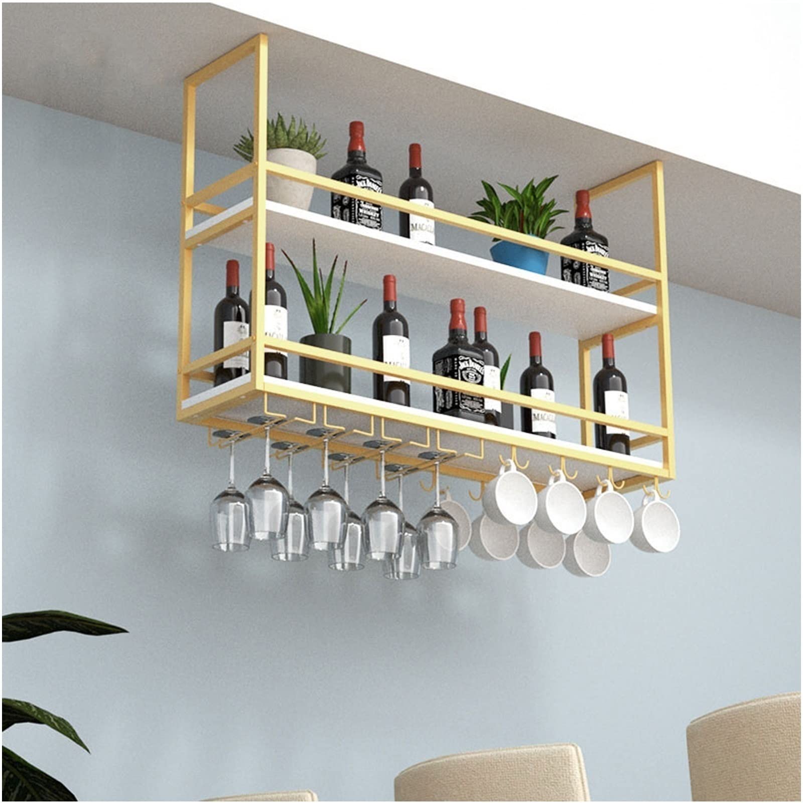 Floating Shelf with Guardrail - Wall Mounted & Ceiling Hanging Wine Glass Rack, Solid Wood & Wrought Iron Display Stand for Kitchen, Living Room, Bar - Perfect for Wine Storage, Plant Display and Home Decor Organization