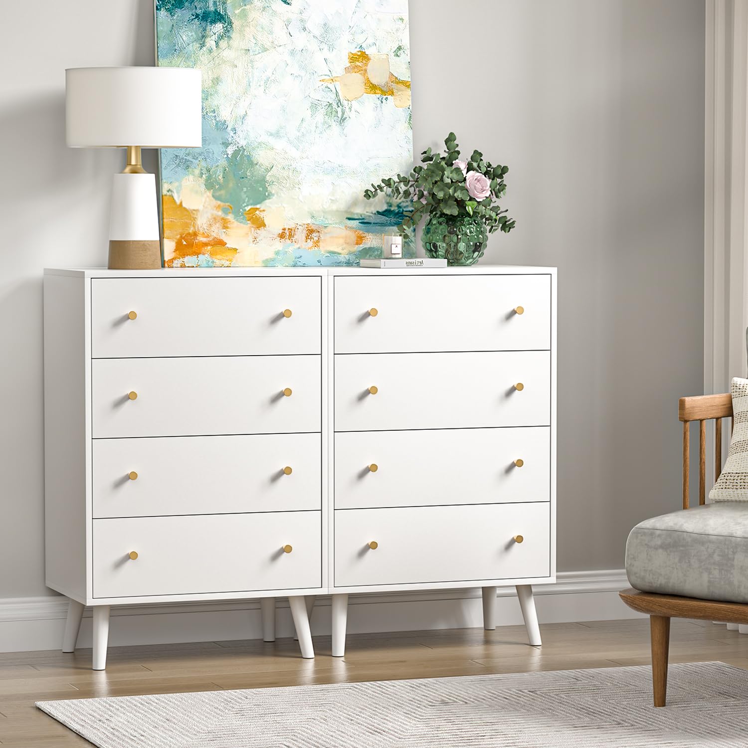 Modern White Dresser - Tall 4 Drawer Wooden Chest for Bedroom, Living Room & Home Office | Stylish Storage Solution for Clothes, Linens & Home Organization