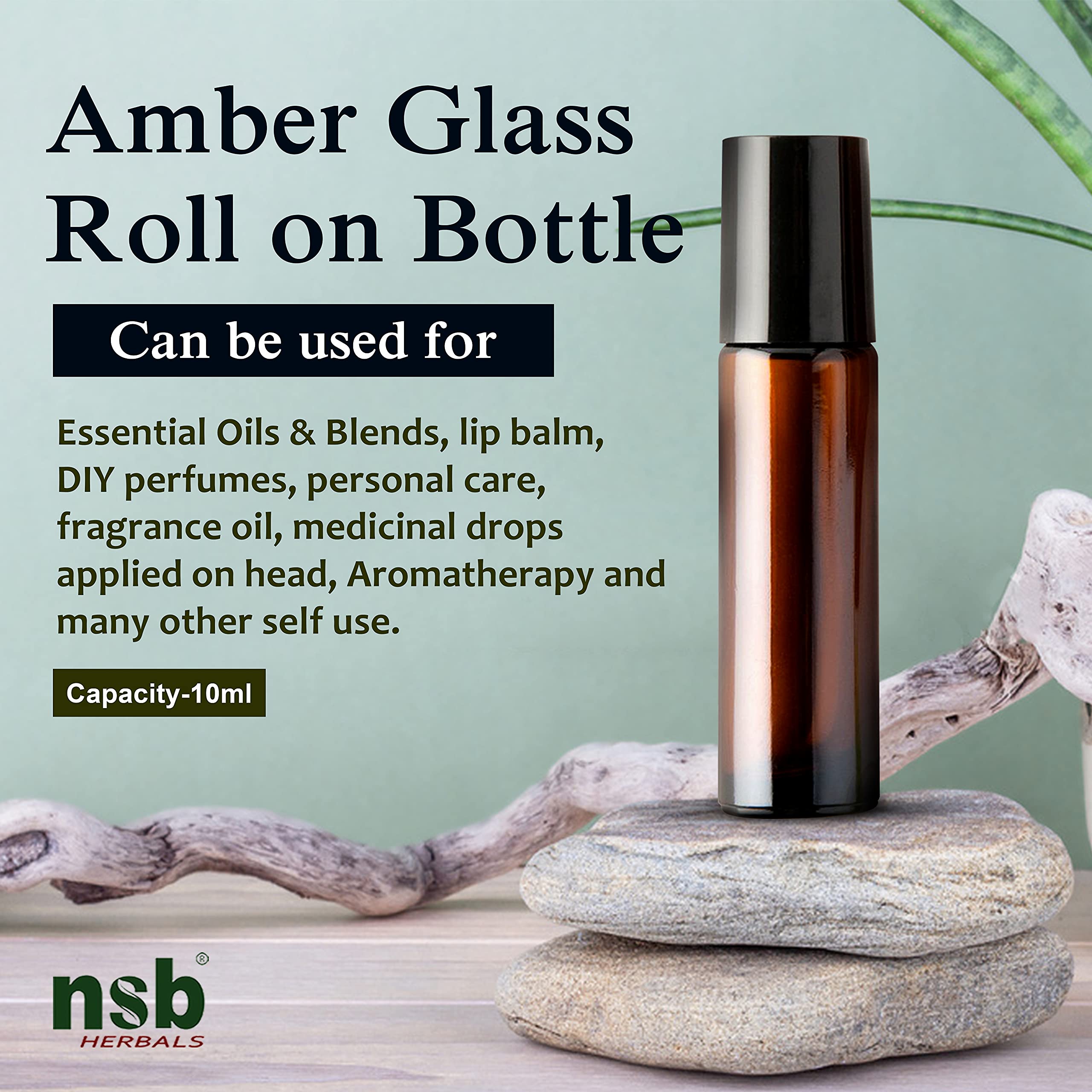 NSB Herbals 10ml Empty Amber Glass Roll On Bottles with Black Cap - Refillable Essential Oil Bottles for Aromatherapy, Perfume, Lip Balm | Perfect for DIY Skincare, Travel & Gift Sets (Pack of 3)