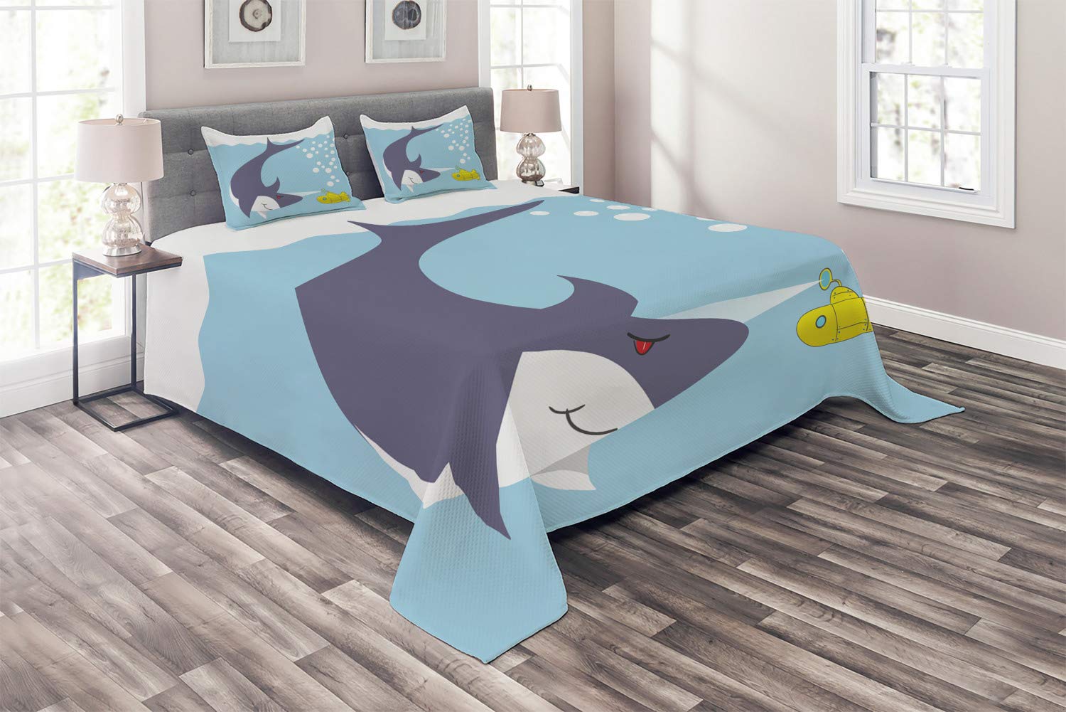 Ambesonne Yellow Submarine Quilt Set - Queen Size 3-Piece Ocean Theme Bedspread with Shark & Ship Design, Blue Grey Yellow Cartoon Bedding for Kids & Adults | Perfect for Nautical Bedroom Decor, Guest Rooms & Themed Dorm Essentials