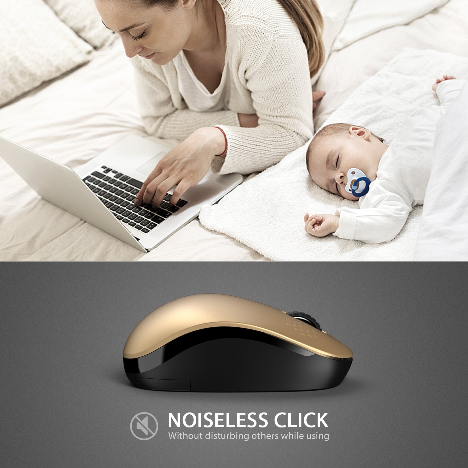 Seenda 2.4G Wireless Mouse with Nano USB Receiver - Silent Click Optical Mouse for MacBook, Laptop, PC - Portable Computer Mouse for Office, Home & Travel (Black & Gold)