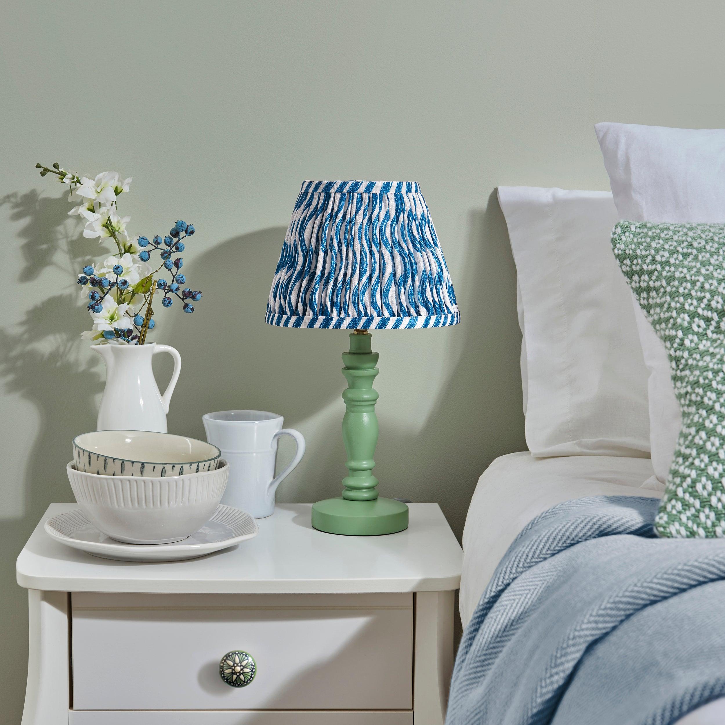 Bibury Green Table Lamp with 20cm Ripple Marlin Blue Shade - Perfect for Bedroom, Living Room, and Office Decor
