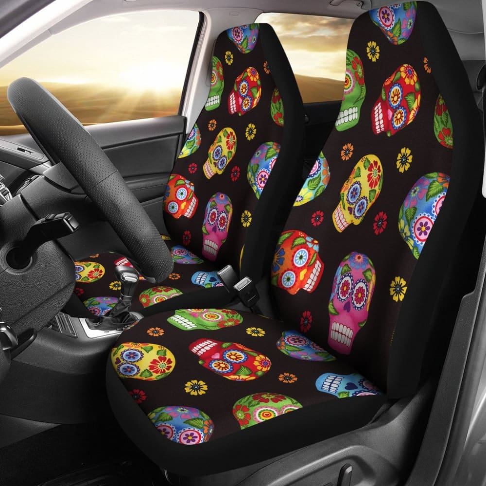 2 Pcs Sugar Skull Car Seat Covers - Universal Fit for Cars, Trucks & SUVs - Durable & Stylish Seat Protectors - Perfect for Halloween, Dia de Los Muertos & Gothic Decor