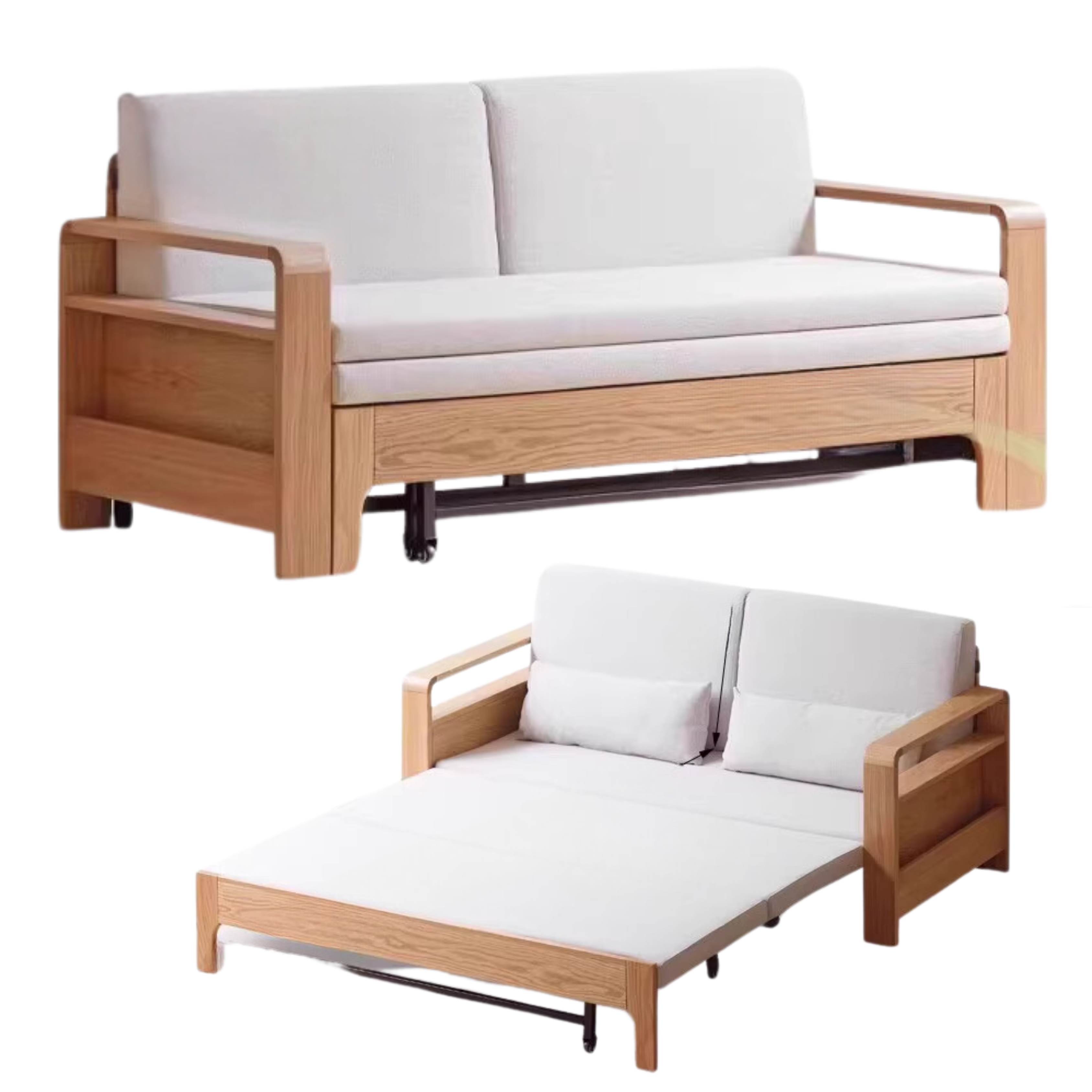 Solid Wood Sleeper Sofa - Beech & Oak Multi-Functional Convertible Sofa Bed for Living Room, Guest Room & Small Spaces