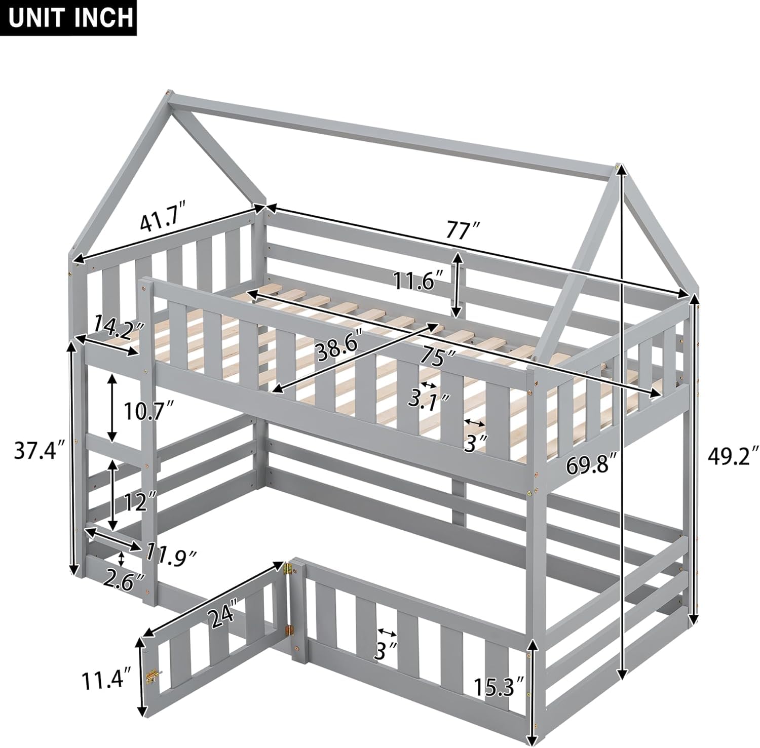 MERITLINE Twin Over Twin Wooden Bunk Bed with Safety Fence & Door, Loft Bed with Roof for Kids - Easy Assembly, Grey - Perfect for Small Bedrooms, Kids' Dormitories & Space-Saving Home Decor