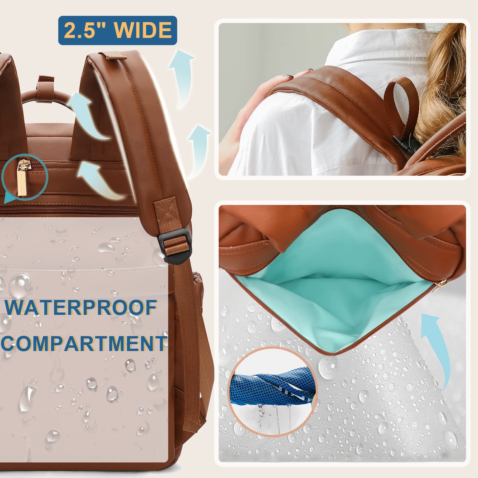 Premium Leather Diaper Backpack for Moms - 18 Pockets, Large Wet Bag & 4 Insulated Pockets | Waterproof Baby Bag for Travel, Daycare & Stroller Use | Stylish Diaper Bag for Women (Brown)